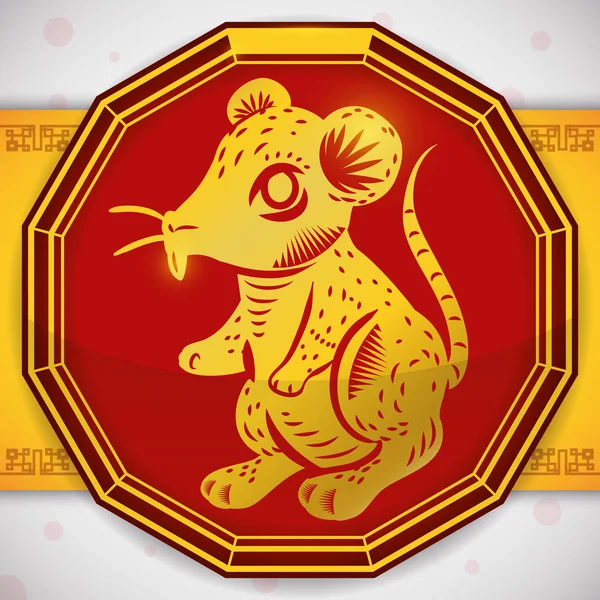 Button with a Golden Rat for Chinese Zodiac, Vector Illustration — Stock Vector