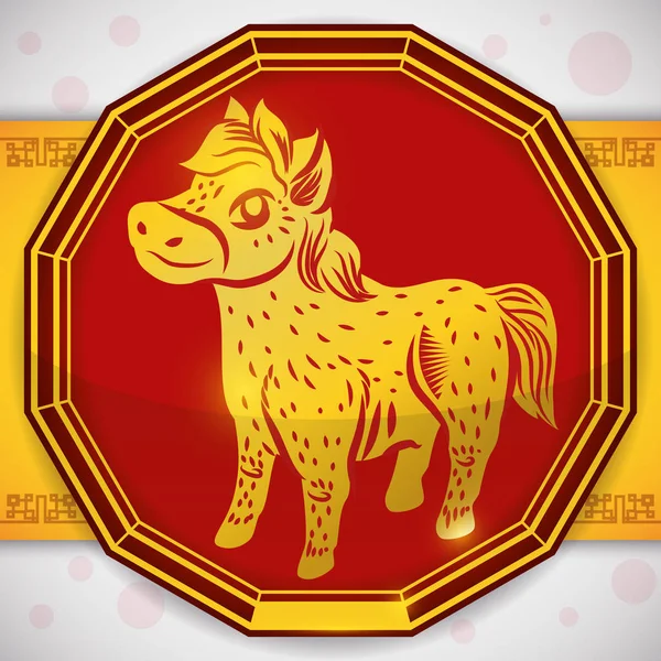 Button with a Golden Horse for Chinese Zodiac, Vector Illustration — Stock Vector