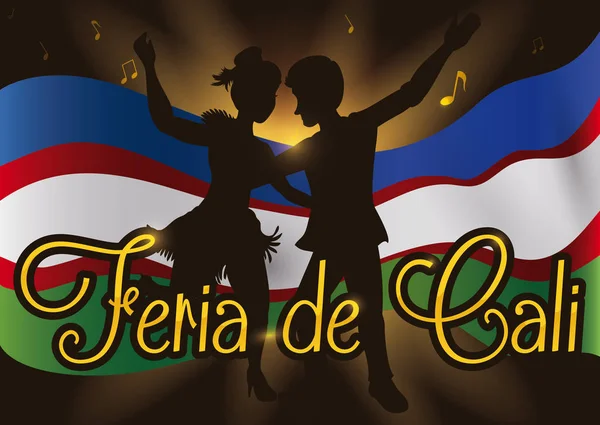 Couple Silhouette of Salsa Dancers Celebrating Cali's Fair, Vector Illustration — Stock Vector