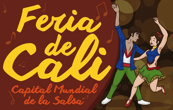 Talentosos dançarinos de salsa desfrutando da música na Feira de Cali, ilustração vetorial — Vetor de Stock