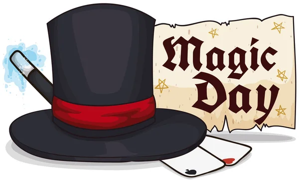 Top kalap, a kártyák, a görgetést és a mágus Magic mágikus nap, vektoros illusztráció — Stock Vector