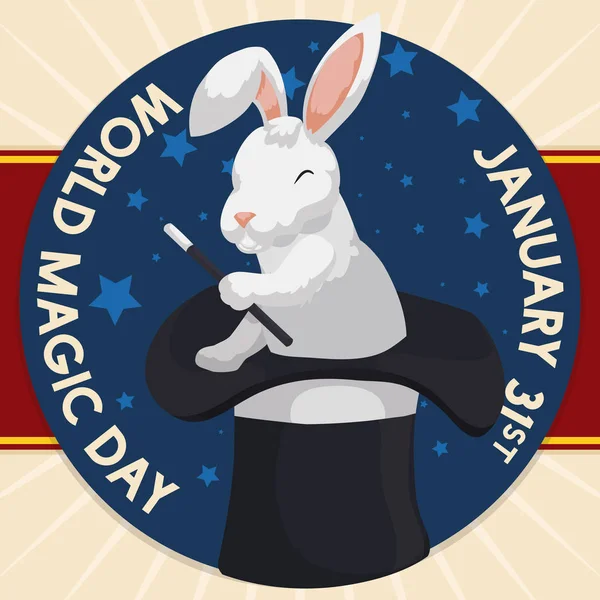 Coniglio con bacchetta sul cappello nella Giornata Mondiale della Magia, Illustrazione vettoriale — Vettoriale Stock