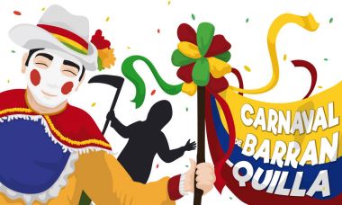 Happy Garabato Character with Death Silhouette Celebrating in Barranquilla's Carnival, Vector Illustration clipart
