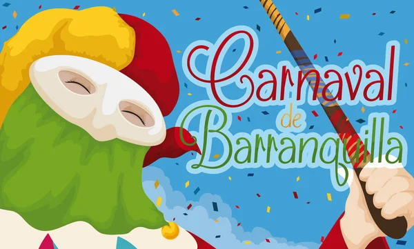 Monocuco tradicional celebrando el carnaval de Barranquilla con confeti, ilustración vectorial — Vector de stock