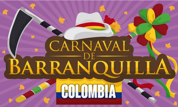 Scythe et baguette : éléments de la danse de Garabato pour le carnaval de Barranquilla, illustration vectorielle — Image vectorielle