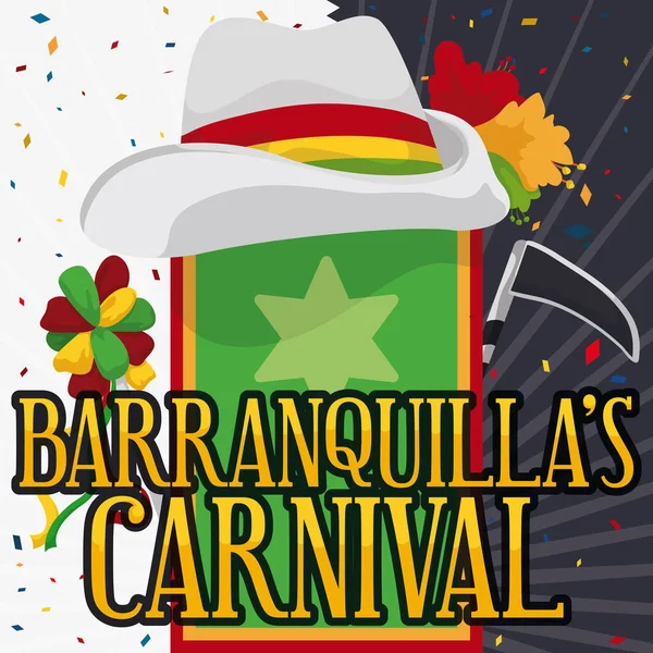 Chapéu sobre bandeira para o Carnaval de Barranquilla com foice e varinha, ilustração vetorial — Vetor de Stock