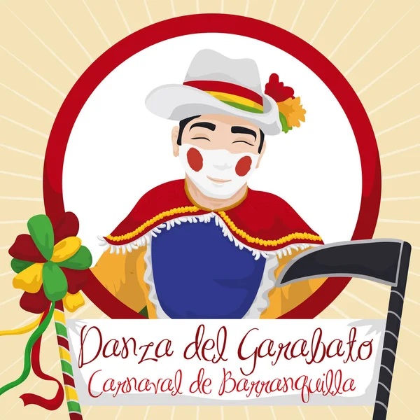 Традиційні танцівниця Garabato з палицею і коса в карнавал Баранкілья на Векторні ілюстрації — стоковий вектор