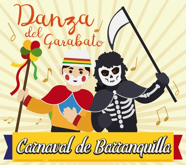 Garabato Character and Death Dancing in Barranquilla's Carnival, Vector Illustration — Stock Vector