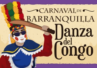 Esmer Kongo dansçı bir ahşap pala kutluyor Barranquilla'nın karnaval, Holding illüstrasyon vektör