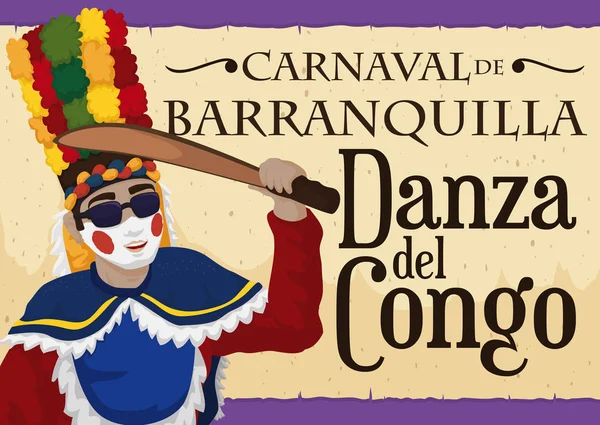 Brunette Congo Dancer Holding a Wooden Machete Celebrating Barranquilla's Carnival, Vector Illustration — Stock Vector