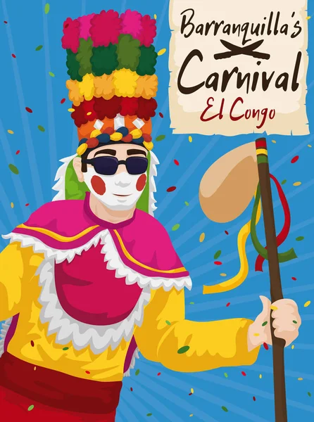 Congo Dancer under Confetti Shower in the Barranquilla's Carnival, Vector Illustration — Stock Vector