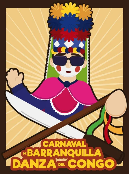 Ballerino del Congo con Machete e bastone pronto per il Carnevale di Barranquilla, illustrazione vettoriale — Vettoriale Stock