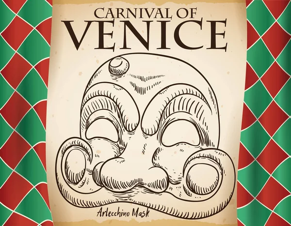Záclony a svitek s načrtnuté Arlecchino masku pro Benátky karneval, vektorové ilustrace — Stockový vektor