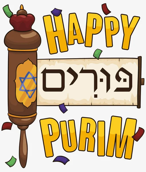 Zsidó Scroll of Esther a konfetti, hogy megünnepeljük a Purim, vektoros illusztráció — Stock Vector