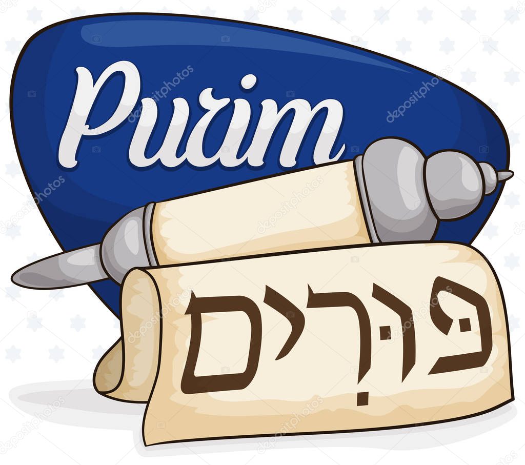Silver Scroll over Sign to Commemorate Purim Holiday, Vector Illustration