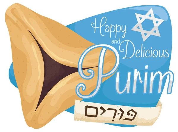 Deliciosa galleta Hamantash con signo y pergamino para la celebración de Purim, ilustración vectorial — Vector de stock