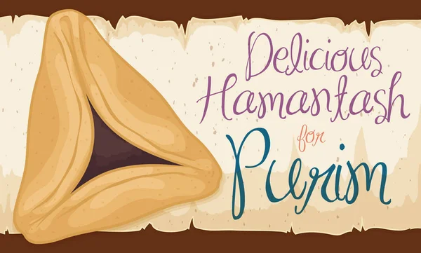 Delicioso Hamantash assado sobre rolagem para celebração do Purim, ilustração vetorial — Vetor de Stock