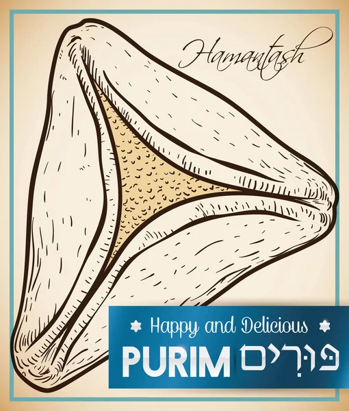 Läckra Hamantaschen i Hand dras stil och etikett för Purim, vektorillustration — Stock vektor