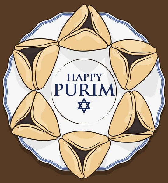 Placa con delicioso Hamantaschen y saludo para la celebración Purim, ilustración vectorial — Archivo Imágenes Vectoriales