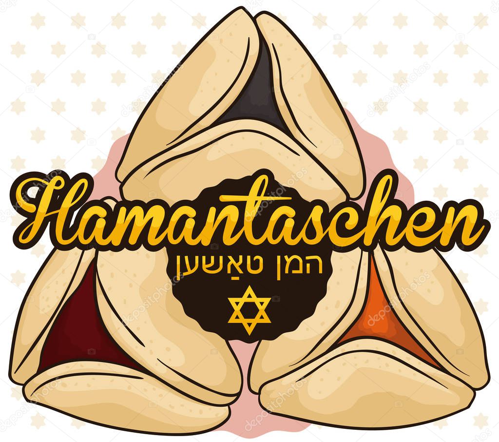 Hamanstachen Cookies with Different Flavors Ready for Purim Celebration, Vector Illustration