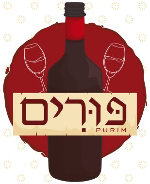 Wine Bottle with Greeting Scroll and over Stain for Purim, Vector Illustration vector Wine Bottle with Greeting Scroll and over Stain for Purim, Vector Illustration vector