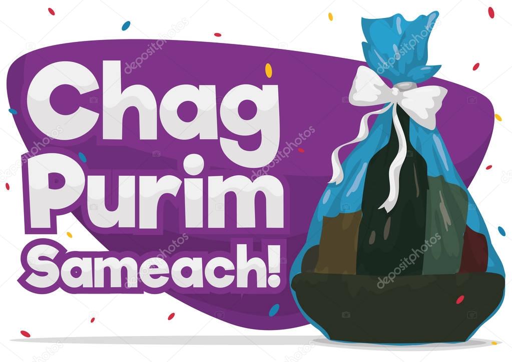 Basket for Gifts and Charity, Greeting and Confetti for Purim, Vector Illustration