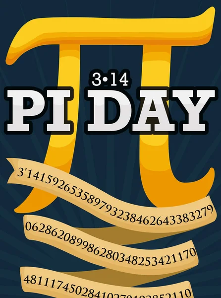 Símbolo y cinta dorada de Pi para celebrar el día de Pi, ilustración vectorial — Vector de stock