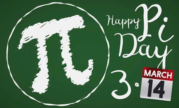 Pizarra con símbolo Pi y calendario para la celebración del día Pi, ilustración vectorial — Vector de stock