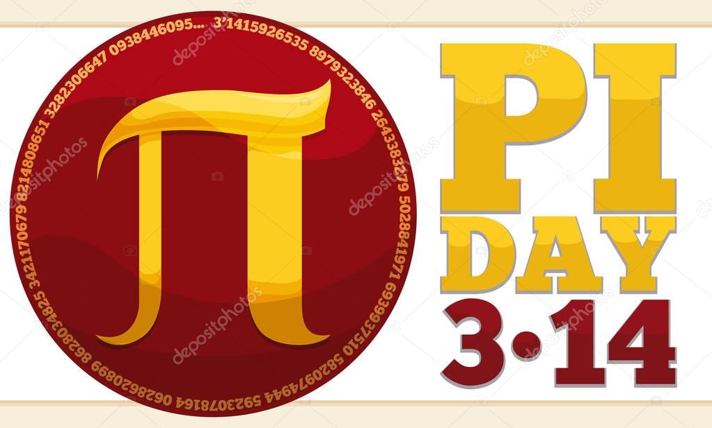 Round Button with Golden Pi Symbol for Pi Day Celebration, Vector Illustration