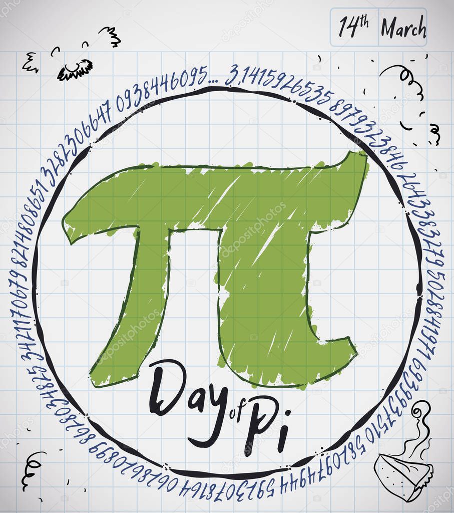 Notebook Paper with Doodles, Pie and Pi Symbol for Pi Day, Vector Illustration