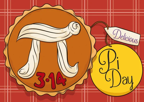 Delicioso pastel sobre mantel y etiquetas para celebrar el Día del Pi, ilustración vectorial — Vector de stock