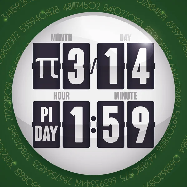 Flip Clock inside Pin with the Time for Pi Day, Vector Illustration — Stock Vector