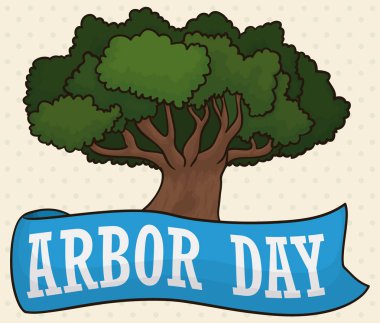 Şerit ağaç dikme günü kutlama için vektör çizim tebrik arkasında ağaç