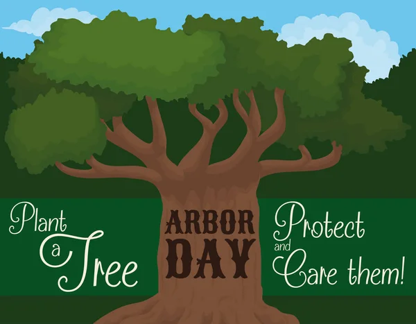 Árbol Fuerte en un Paisaje con Preceptos para el Día del Árbol, ilustración vectorial — Vector de stock