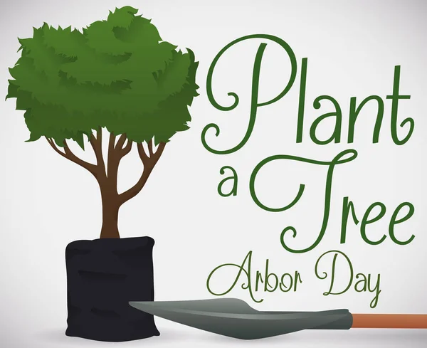 Siembra de árboles en bolsa de plántulas y pala para el día del Árbol, ilustración vectorial — Vector de stock