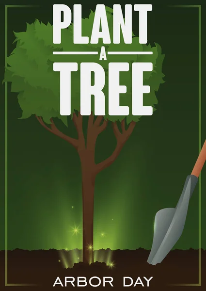 Pala y árbol arbolado plantado con resplandores para el día del cenador, ilustración vectorial — Vector de stock