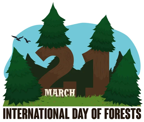Paisagem com árvores de coníferas para o Dia Internacional das Florestas, ilustração vetorial — Vetor de Stock