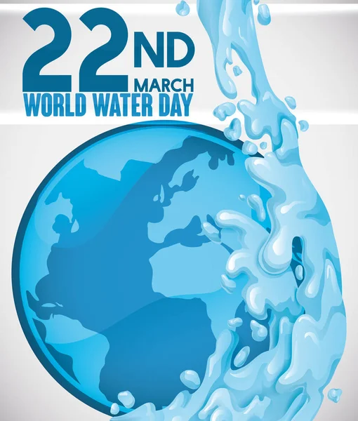 Botón Planeta Azul con Squirt Cubriéndolo para el Día del Agua, Vector Illustration — Archivo Imágenes Vectoriales