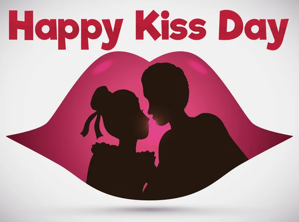 Par silhuet inde i læber i romantisk scene for Kiss Day, vektor illustration – Stock-vektor