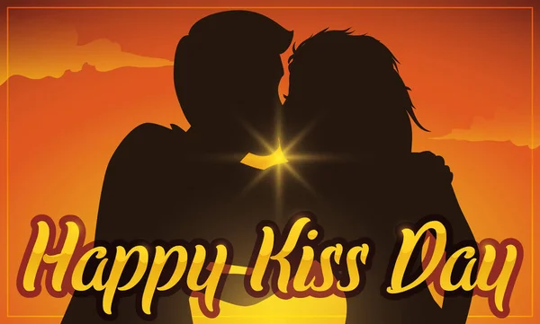 キスの日のお祝い、ベクトル図でロマンチックな夕日のカップルのシルエット — ストックベクタ