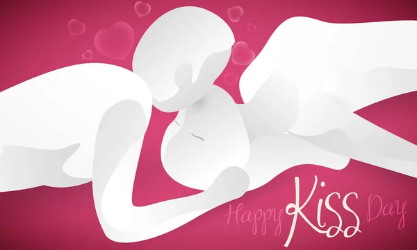 Escena romántica de una pareja con corazones para el día del beso, ilustración vectorial — Vector de stock