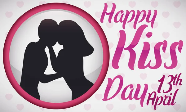 Bouton rond avec une silhouette affectueuse de couple célébrant la journée du baiser, Illustration vectorielle — Image vectorielle