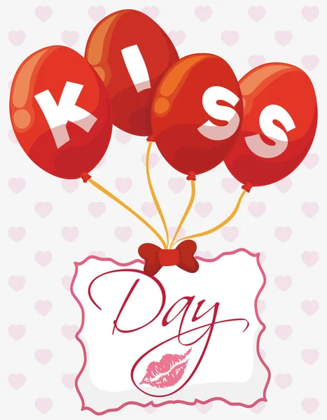 Härliga gåva med kort och ballonger för kyss dag firande, vektorillustration — Stock vektor