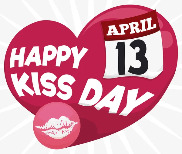 Coeur avec date de rappel et marque des lèvres pour la journée baiser, Illustration vectorielle — Image vectorielle