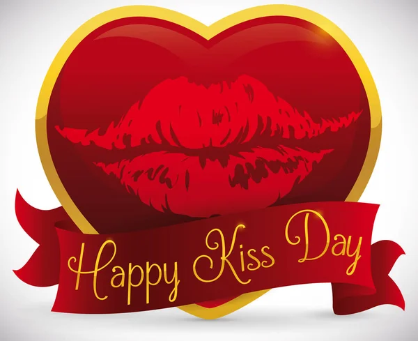 Herz mit Lippenstift und Grußband für Kusstag, Vektorillustration — Stockvektor