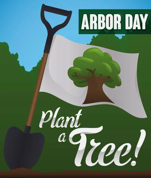 Pala con Bandera con Promoción de Plantación de Árboles en el Día del Árbol, Ilustración de Vectores — Vector de stock