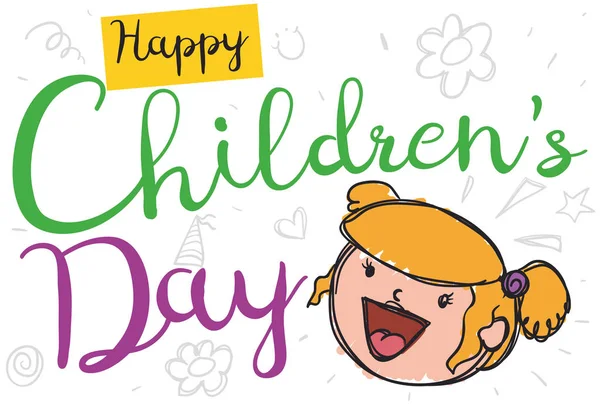 Gelukkig Blond Haired meisje met Doodles vieren Children's Day, vectorillustratie — Stockvector