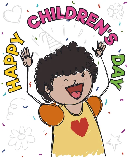 Happy Brunette Girl Celebrating Children 's Day with Confetti, Vector Illustration — стоковый вектор