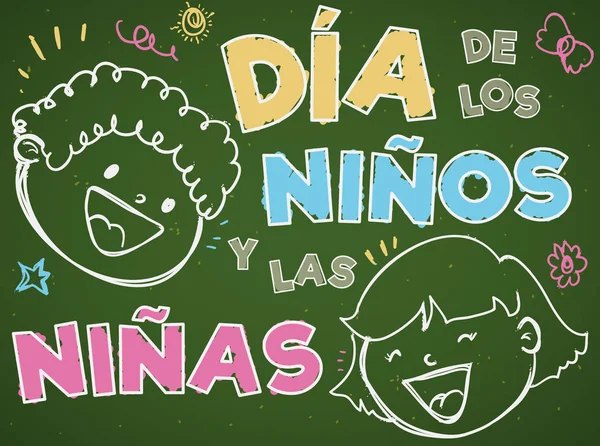 Gyerekek Doodle stílusban Gyermeknap, vektoros illusztráció Chalkboard — Stock Vector