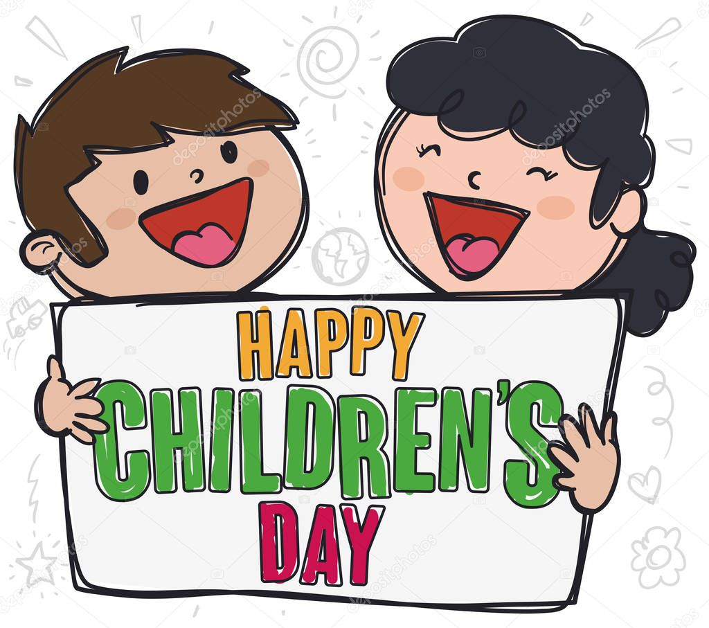 Couple of Kids Holding a Sign and Celebrating Children's Day, Vector Illustration